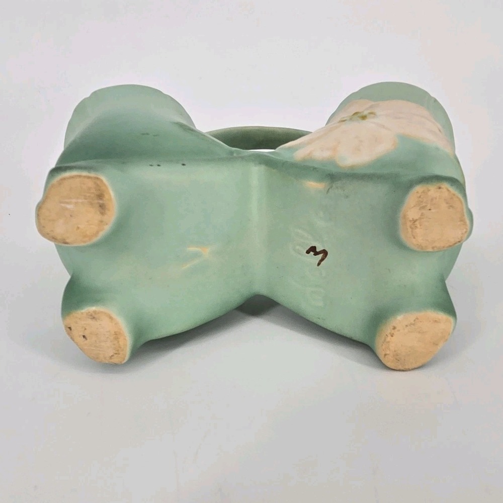 Vintage Weller Wild Rose Double Vase Matte Green Pink Floral Art Pottery 1930s - Picture 9 of 10